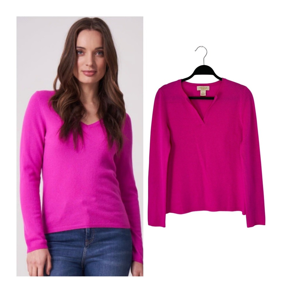 Peck & Peck 100% Cashmere V Neck Pullover Sweater Fuchsia‎ Pink Size M